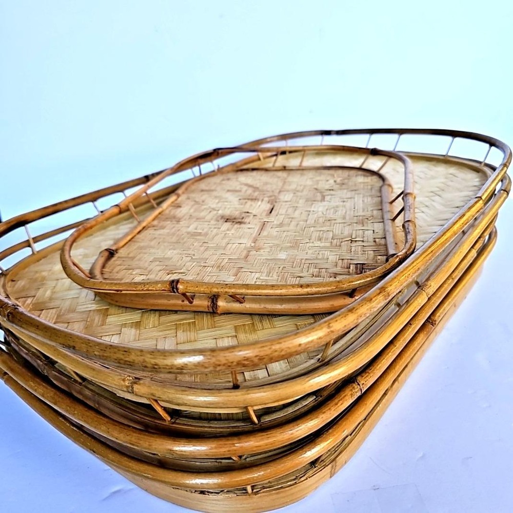 Vtg MCM Bamboo Wicker Lap Trays Tiki Bar Serving Tray Set of 5‎ Boho Shabby 1677